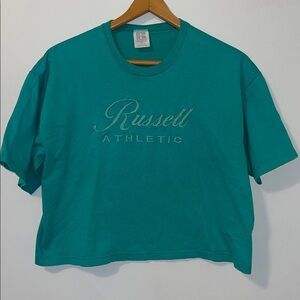 RUSSEL ATHLETIC Vintage Short Sleeve Crop Tee Script Embroidered Unisex Made USA